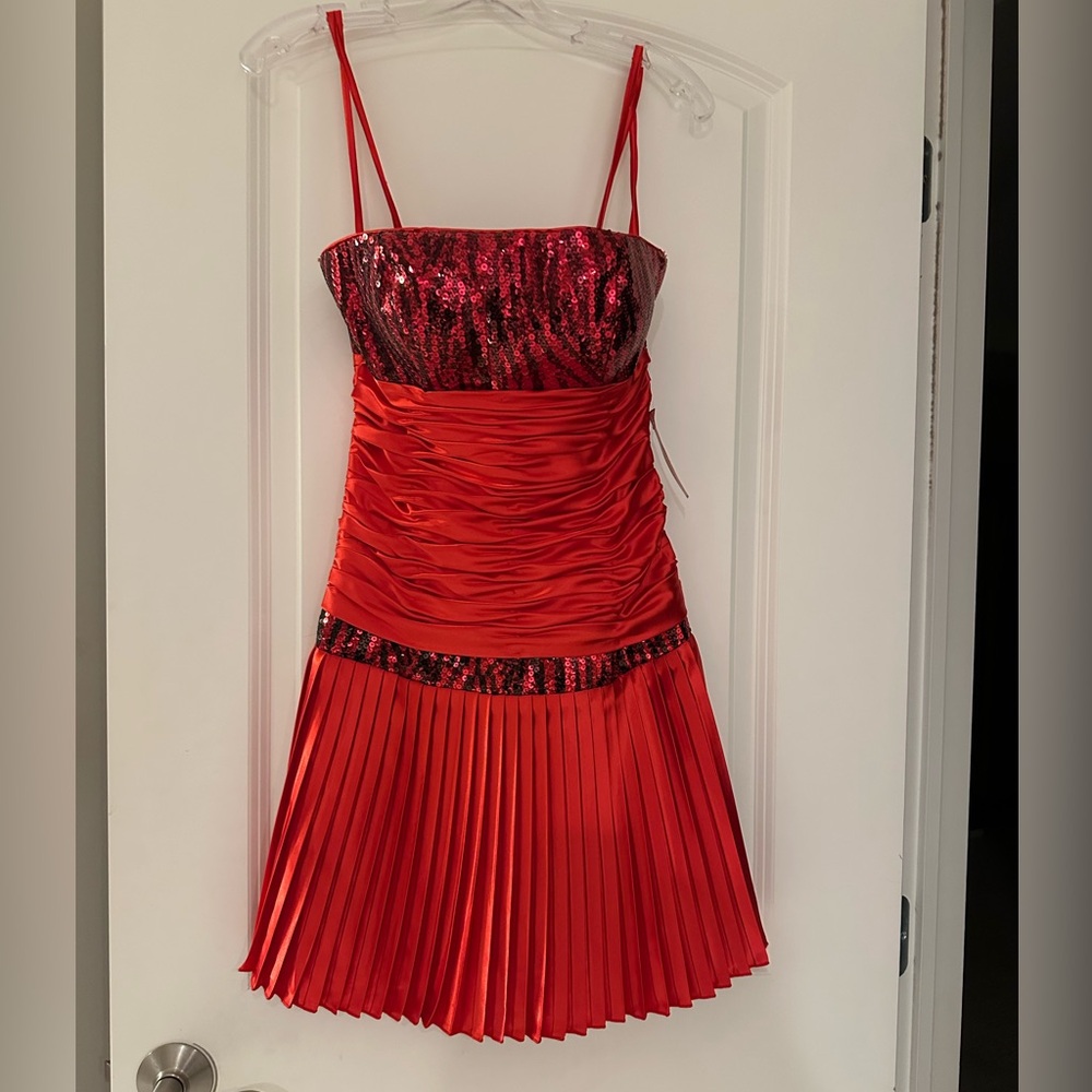 Red Sequin and Pleated Dress, Could be Worn With/Without Straps, New with Tags